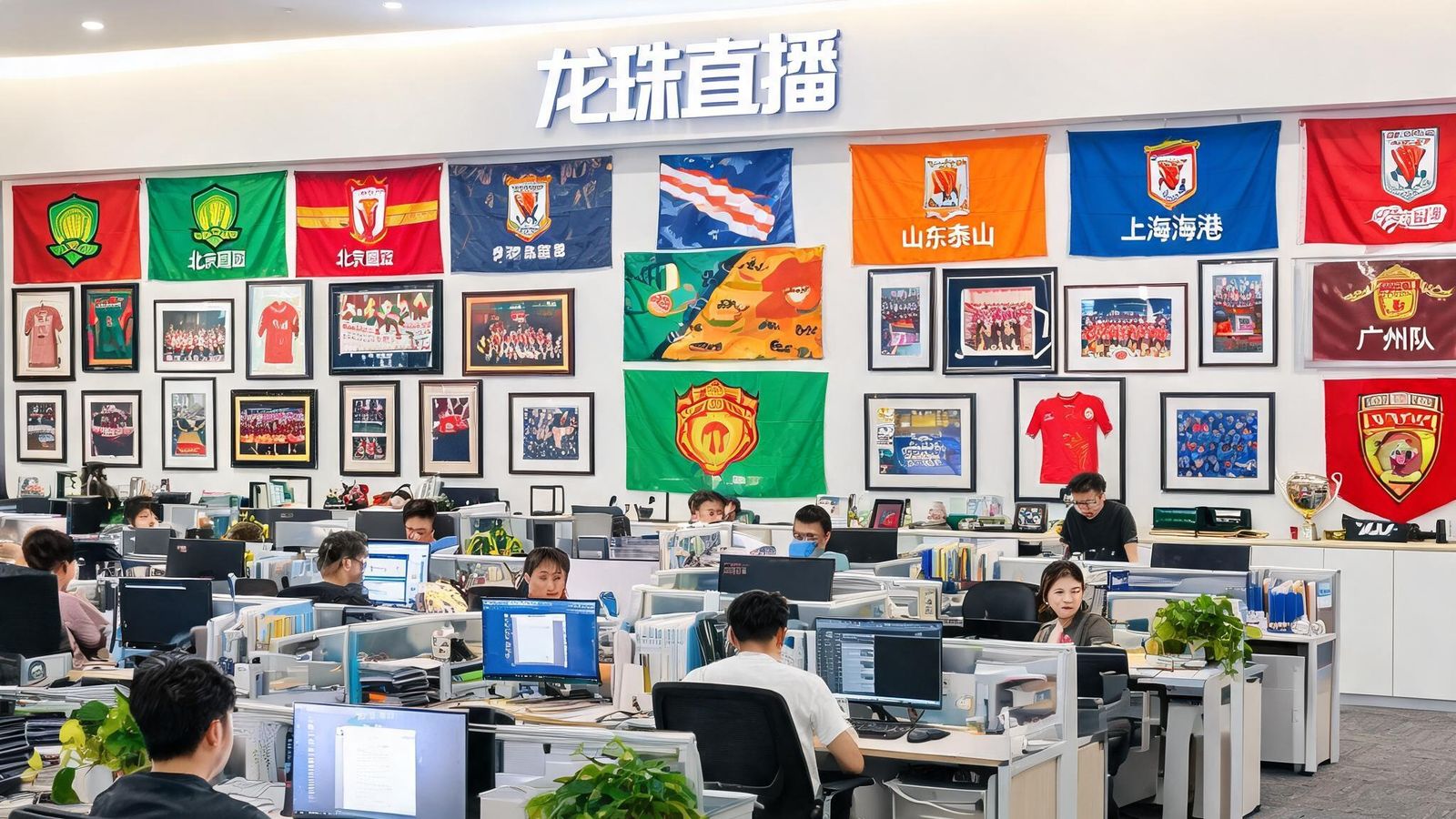 龙珠直播公司现代化办公区，开放式工位，墙上挂满了中超球队队旗和纪念品