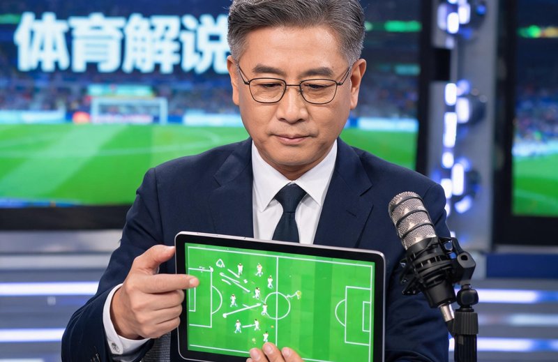 52岁男性首席解说员陈志远，身穿深色西装，在演播室使用平板分析战术