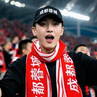 一位年轻男性球迷，戴棒球帽，穿成都蓉城围巾